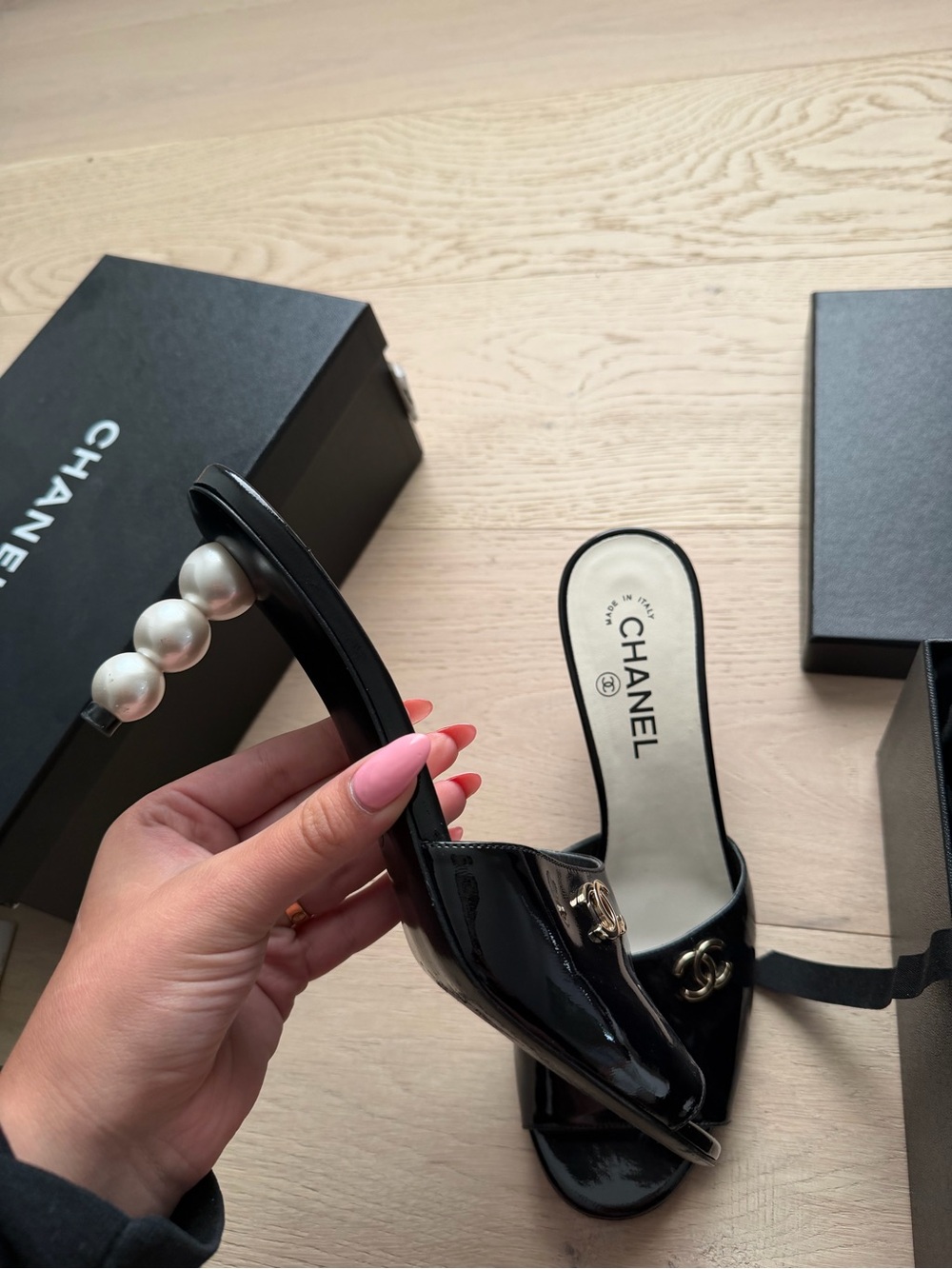 CHANEL Black Patent Leather Pearl Heel Mules Size 40,
